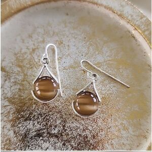 Vintage Tiger Eye Hook Earrings On Silver Tone Setting